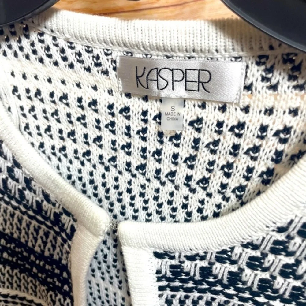 KASPER‎ Black White Stripe Knit Open  Front Cardigan Sweater Small Fringe Hem